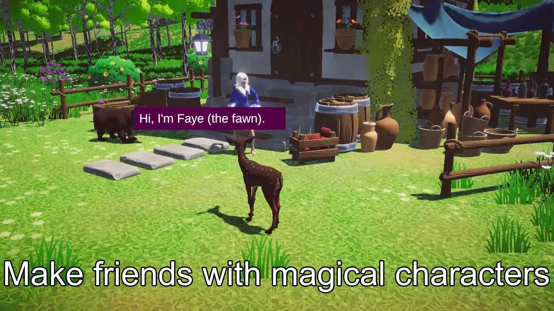 A fawn speaking with the player near a cottage