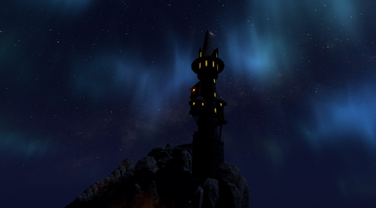 A wizard's tower silhouetted against a starry night sky lit by shimmering aurora