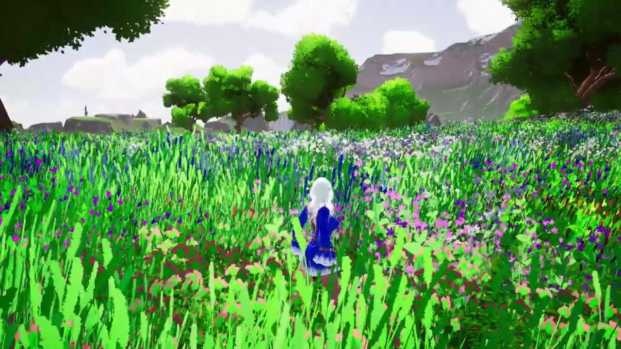 A character walking through a dense flower meadow