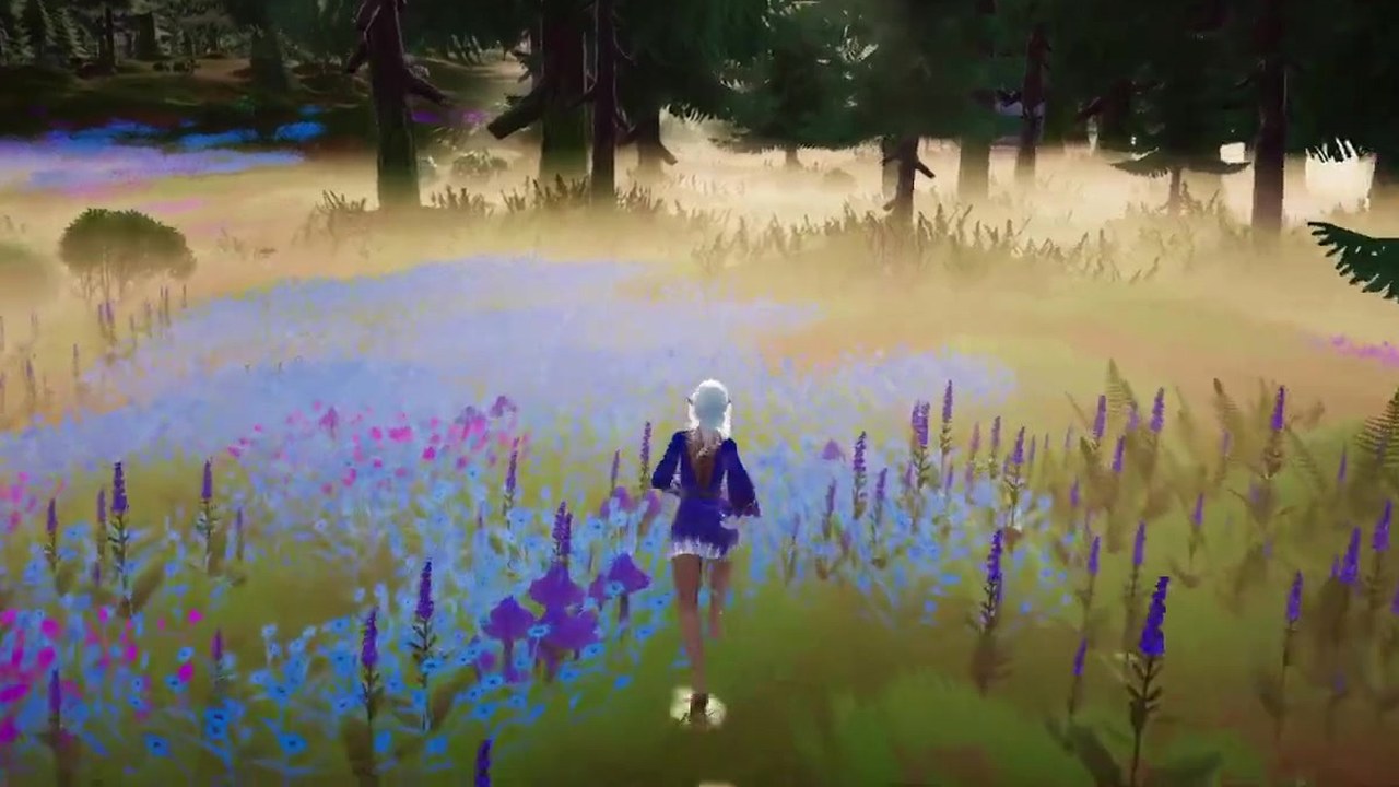 A misty field of blue and purple flowers