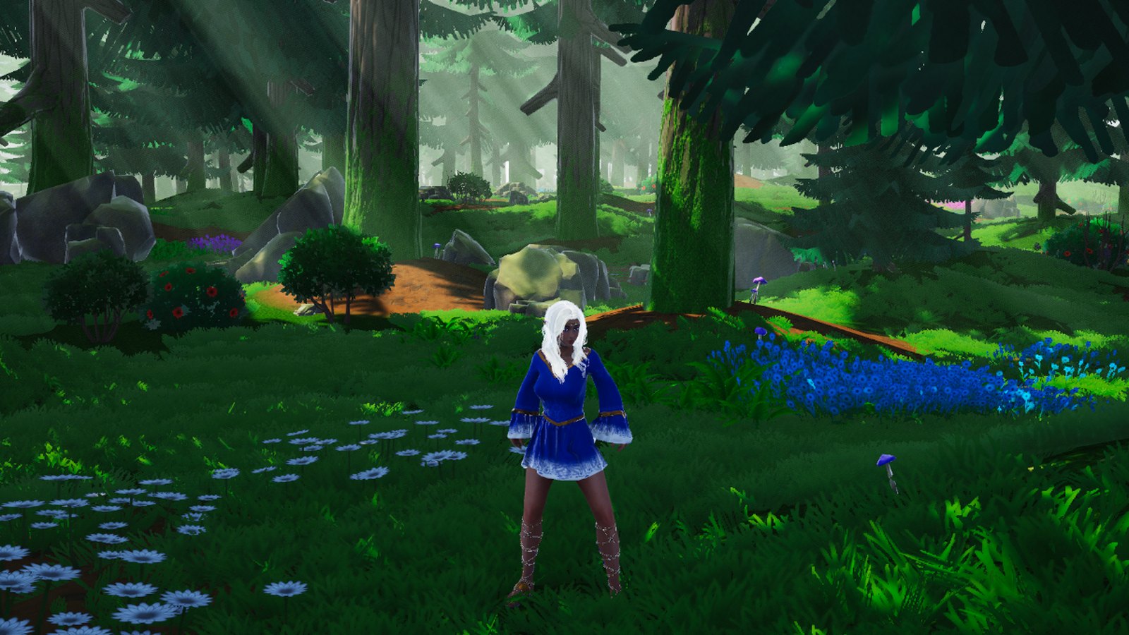 Standing in a sunlit forest clearing scattered with blue flowers
