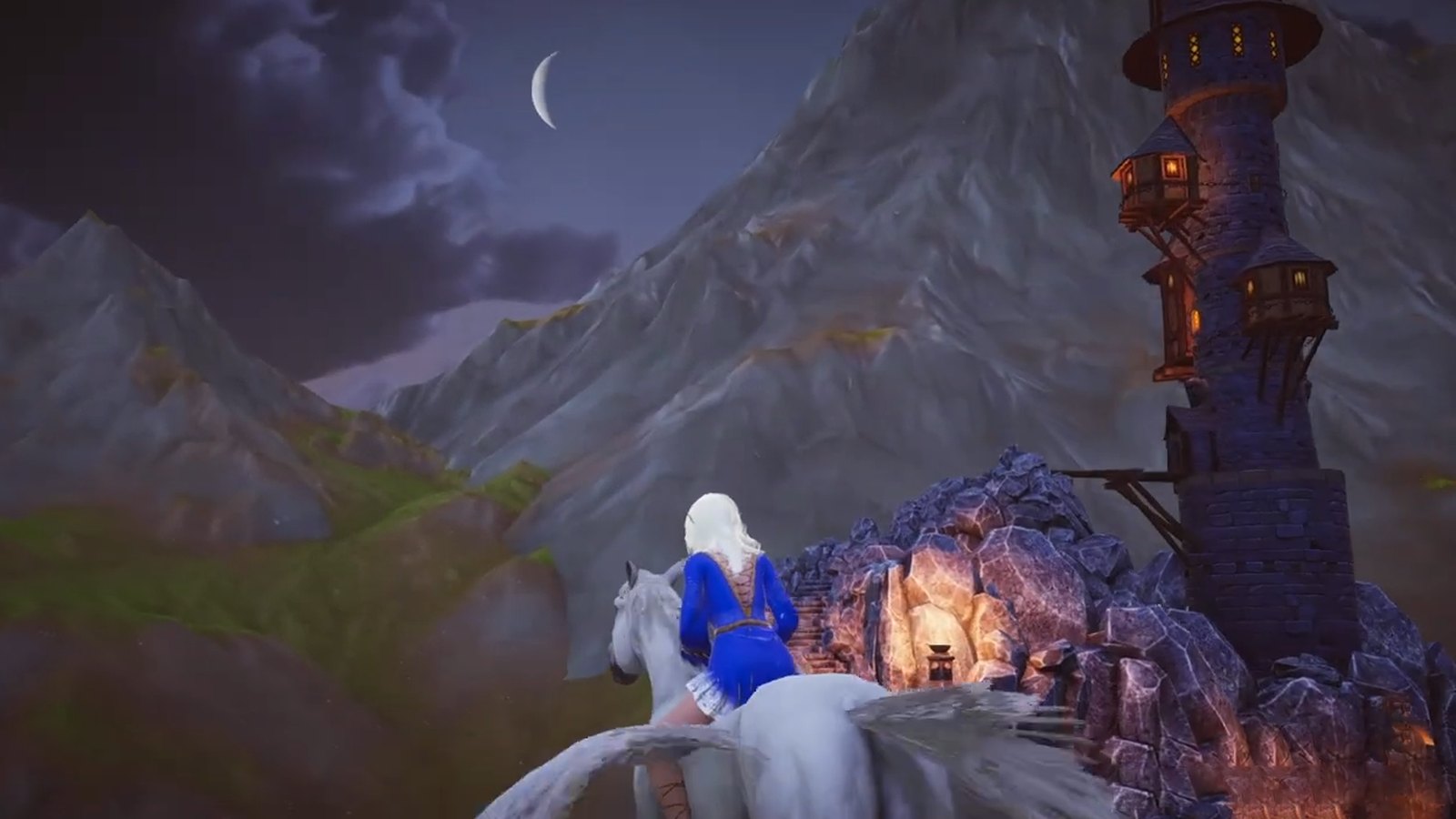 Flying past a lantern-lit wizard tower below a crescent moon