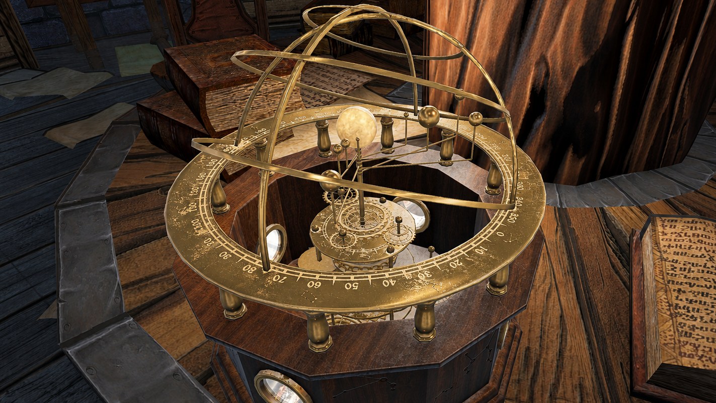 A brass orrery, an ornate clockwork model of the heavens, on a constellation-marked stand beside old spell books in a wizard's study