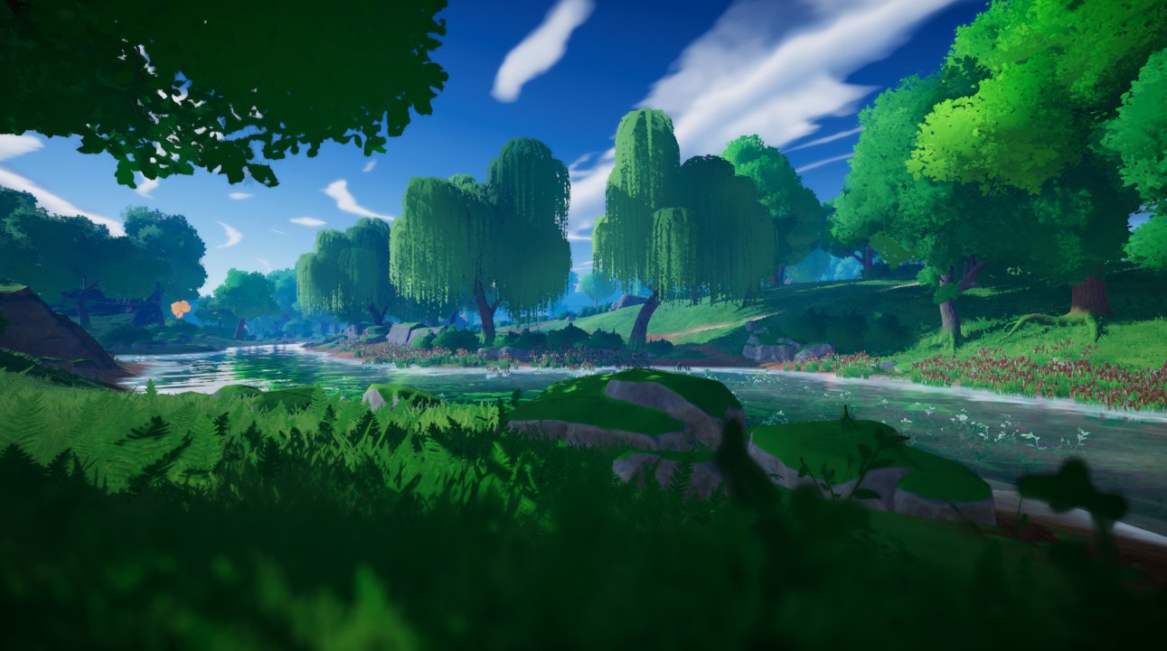 A calm river winding past weeping willow trees, mossy rocks and wildflowers under a blue sky