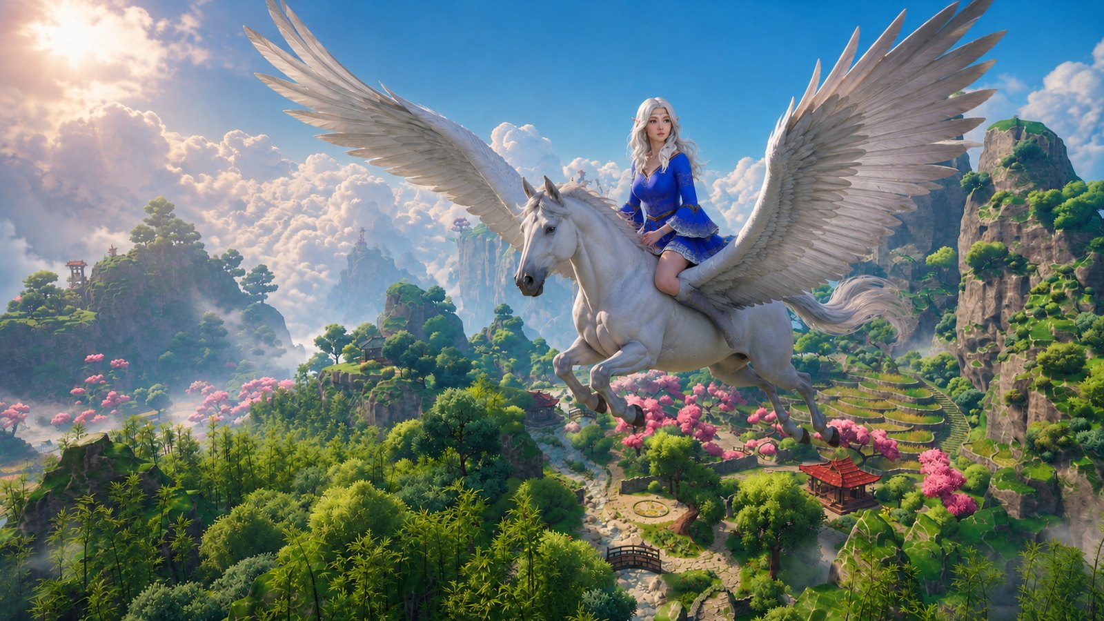 Flying on a winged horse above a lush valley of blossom trees and green hills
