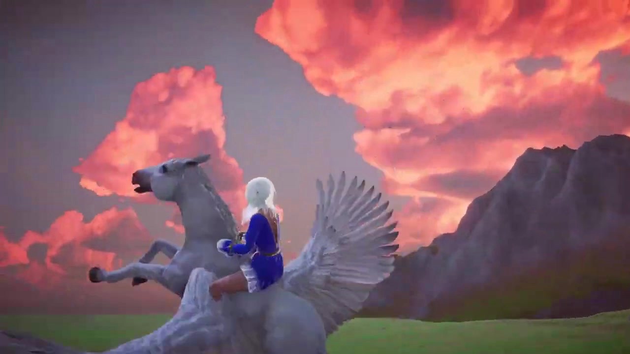Riding a winged horse beneath glowing sunset clouds